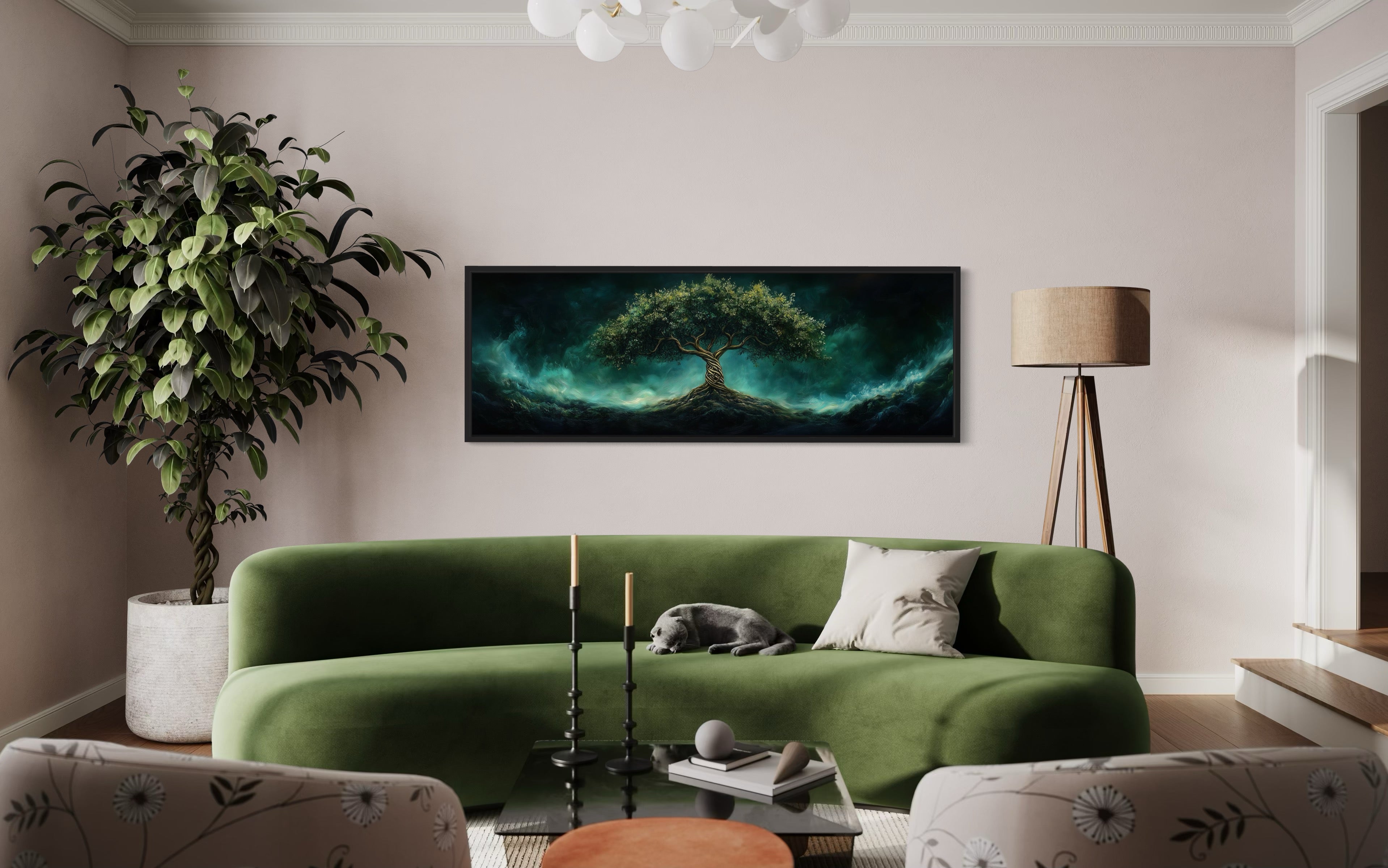 Celtic Tree Of Life Long Narrow Emerald Green Framed Canvas Wall Art