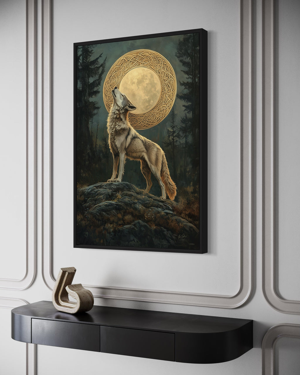 Celtic Wolf And Moon Antique Framed Canvas Wall Art