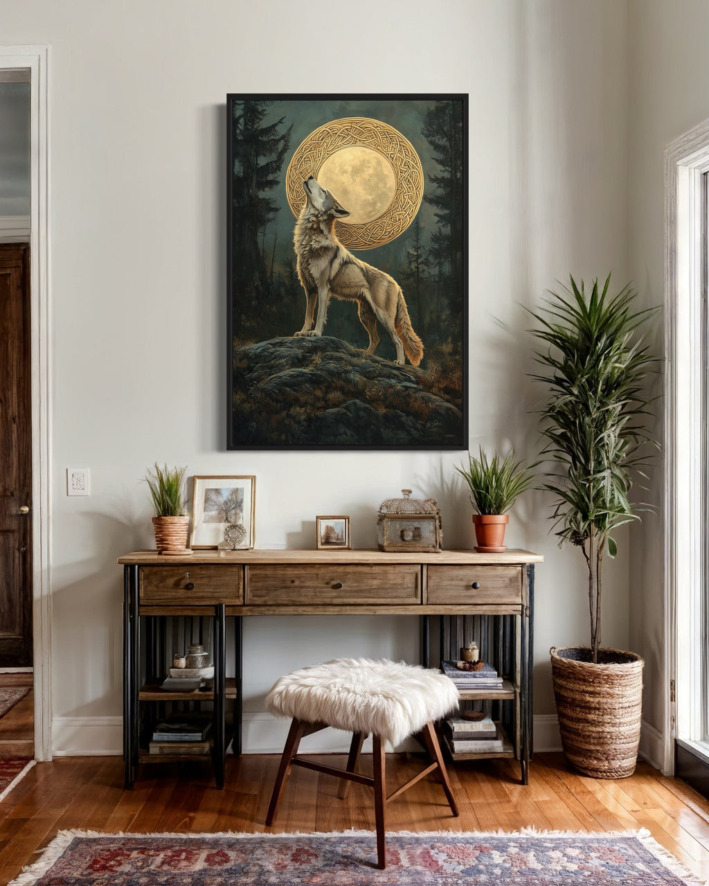 Celtic Wolf And Moon Antique Framed Canvas Wall Art