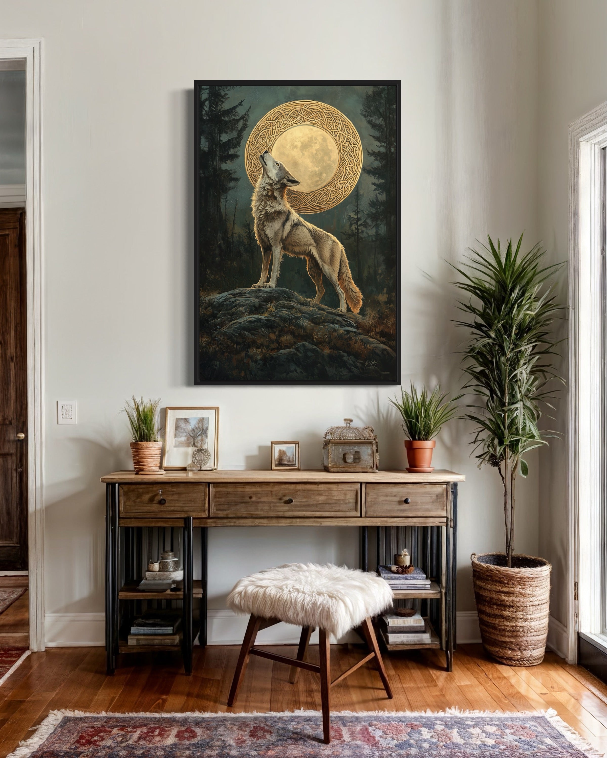 Celtic Wolf And Moon Antique Framed Canvas Wall Art
