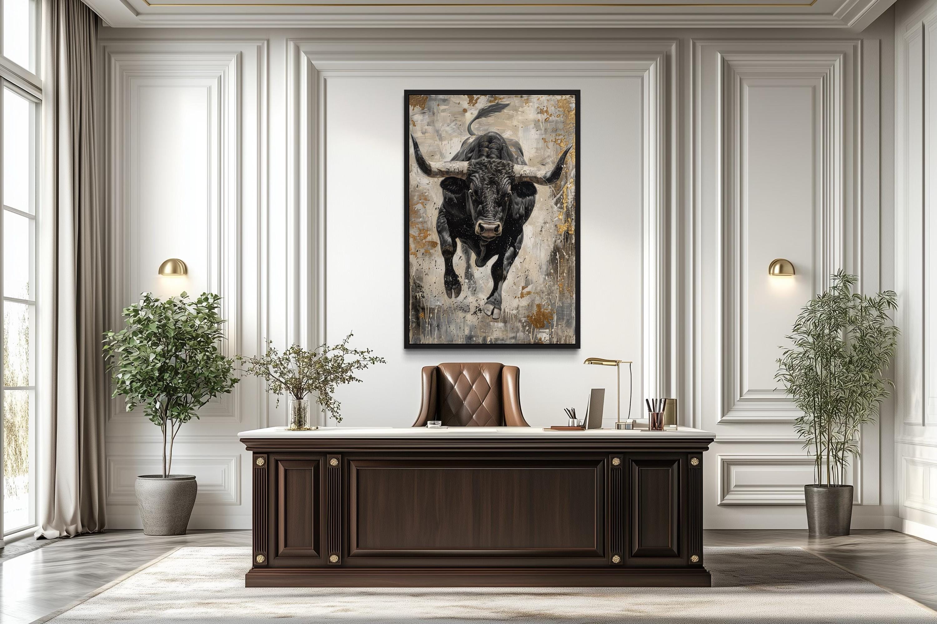Charging Bull Abstract Painting - Man Cave Wall Art