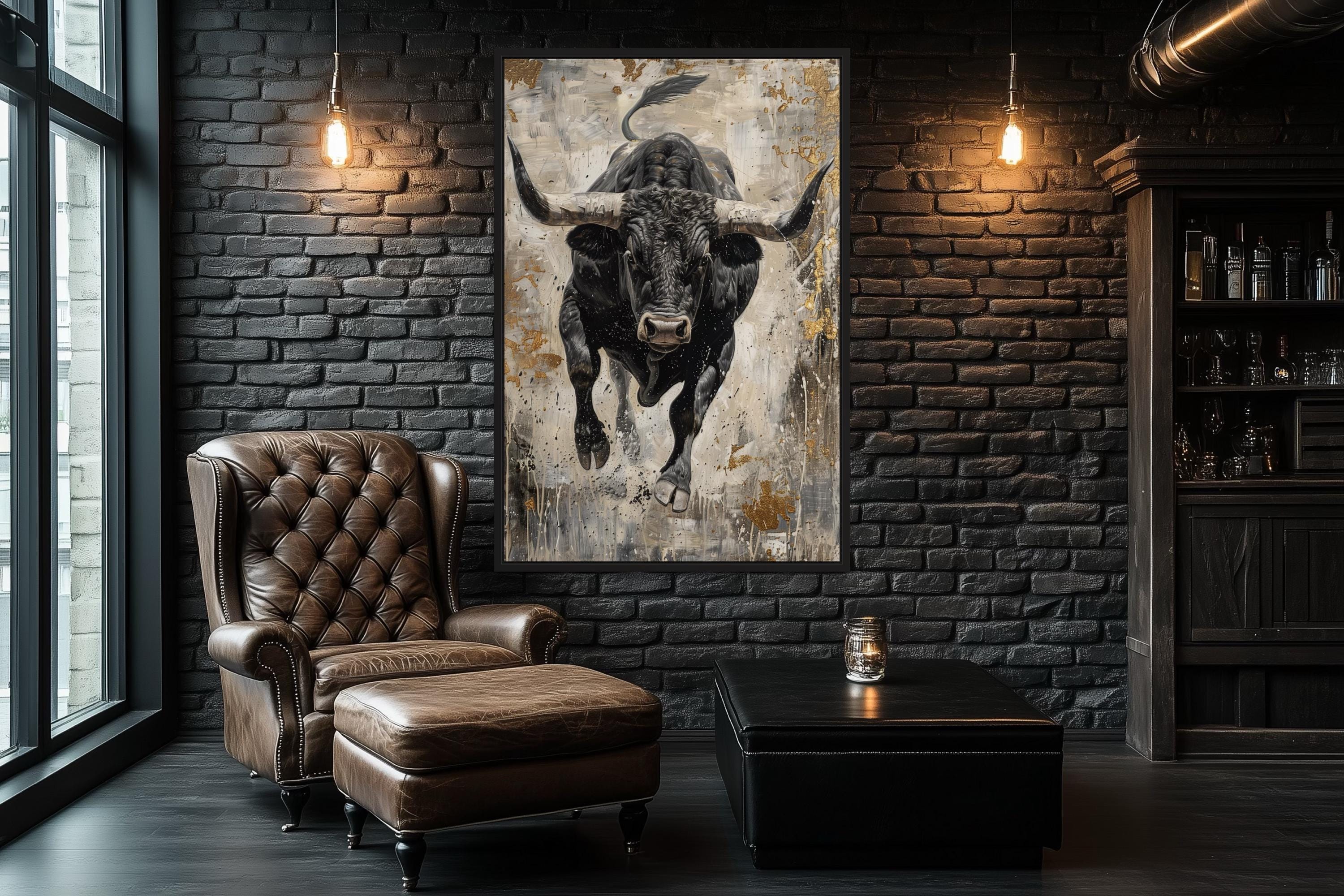 Charging Bull Abstract Painting - Man Cave Wall Art