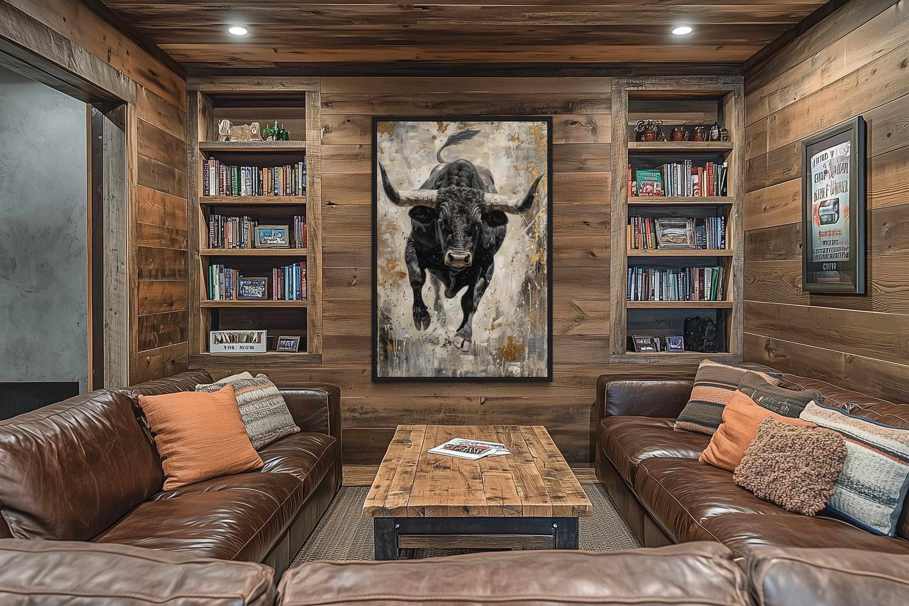 Charging Bull Abstract Painting - Man Cave Wall Art