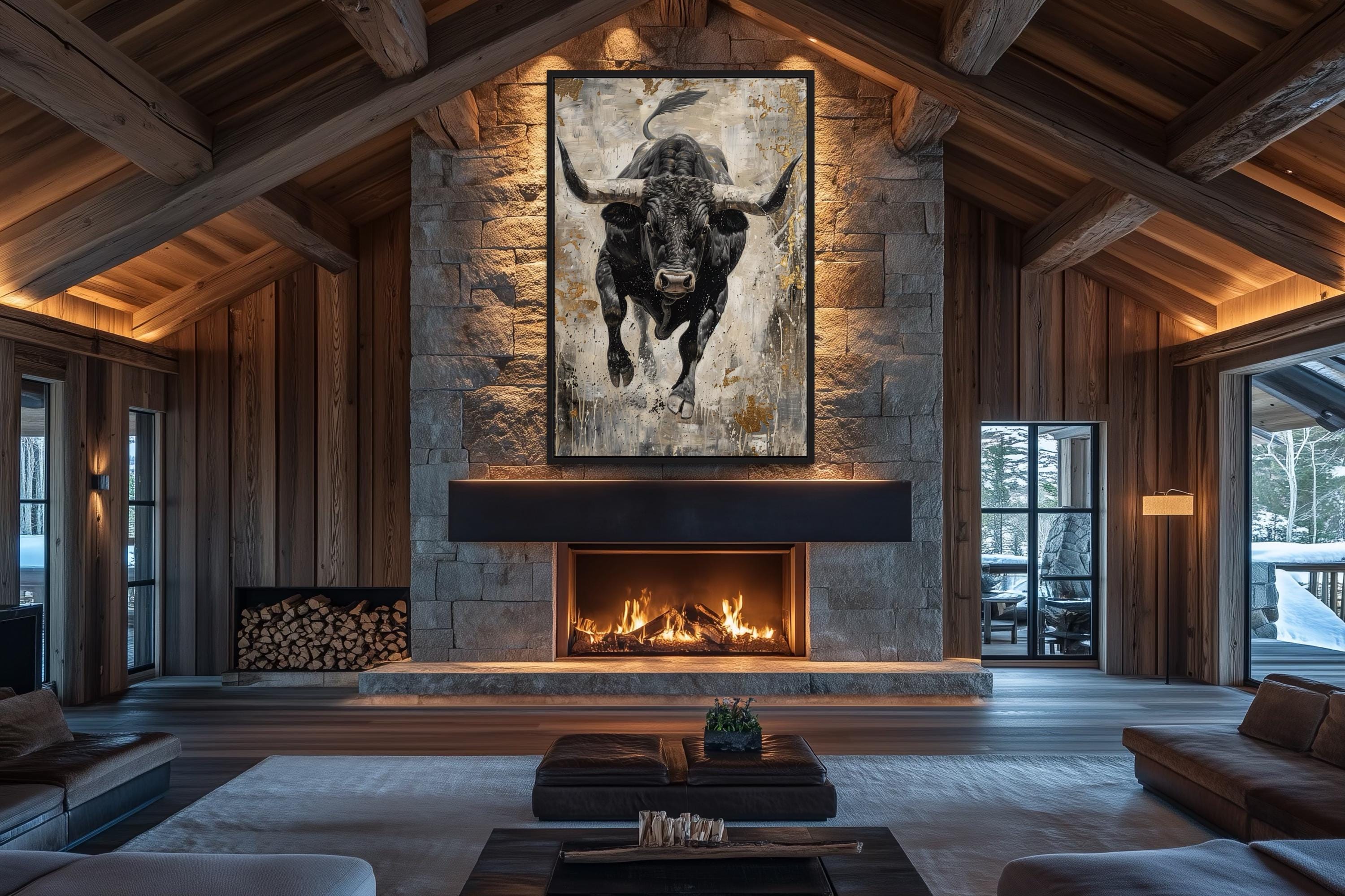 Charging Bull Abstract Painting - Man Cave Wall Art