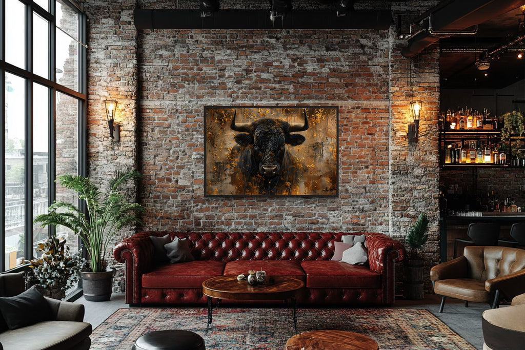 Charging Bull Head on Gold and Black Framed Canvas Wall Art