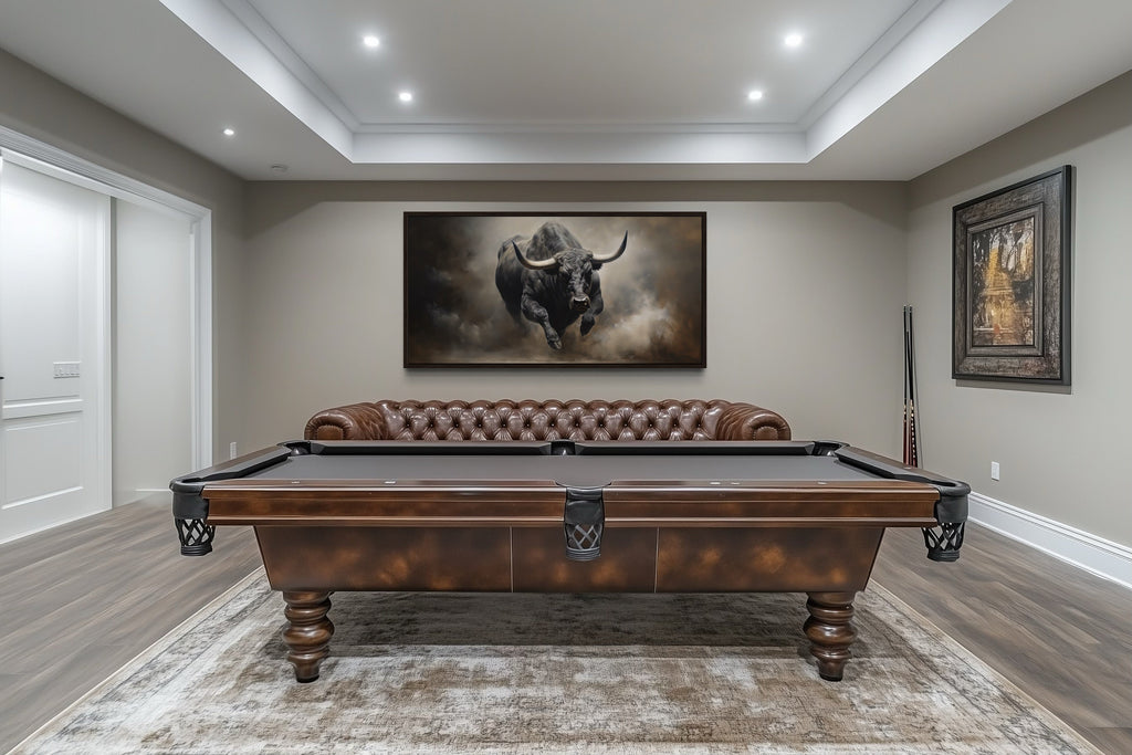 Charging Bull Wall Art - Bold Framed Canvas Print | Rustic Man Cave Decor