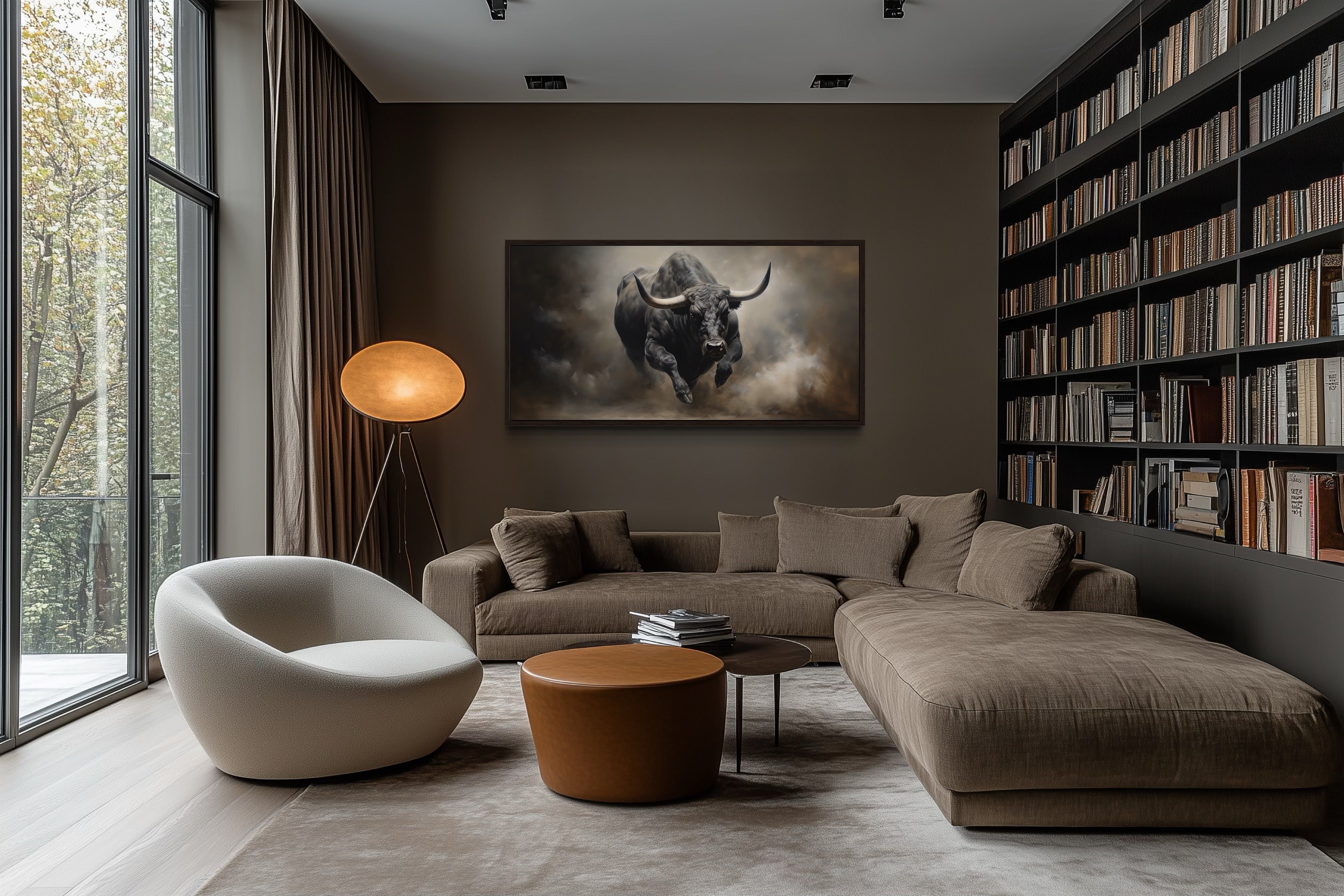 Charging Bull Wall Art - Bold Framed Canvas Print | Rustic Man Cave Decor
