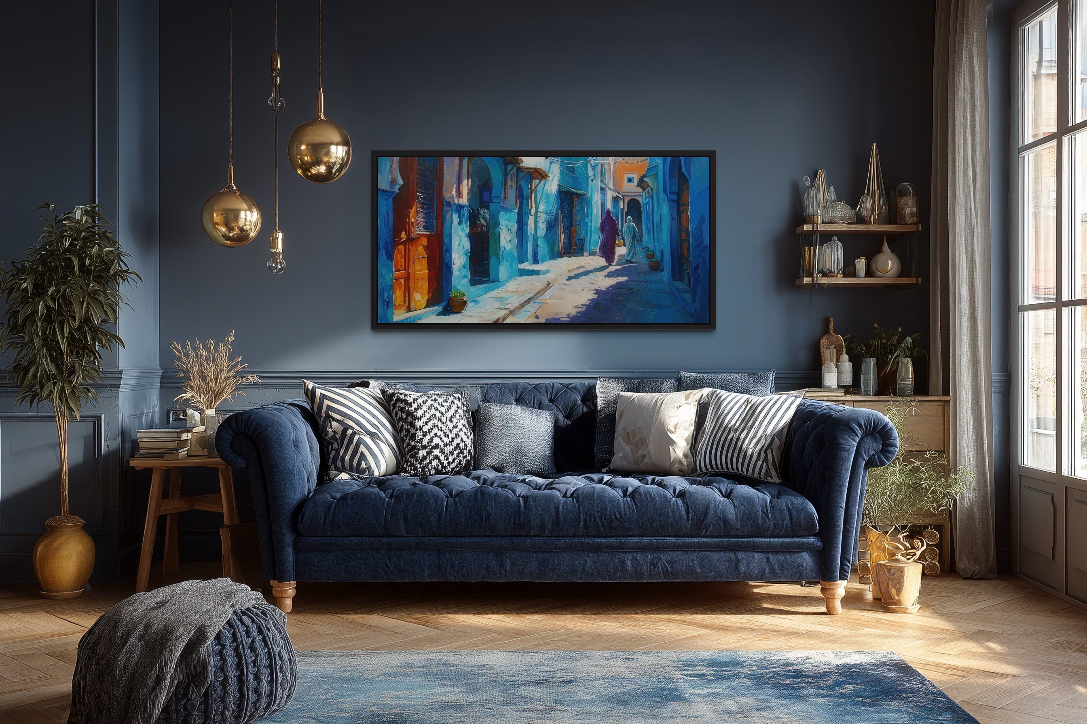 Chefchauen Blue Street Painting Morocco Framed Canvas Wall Art