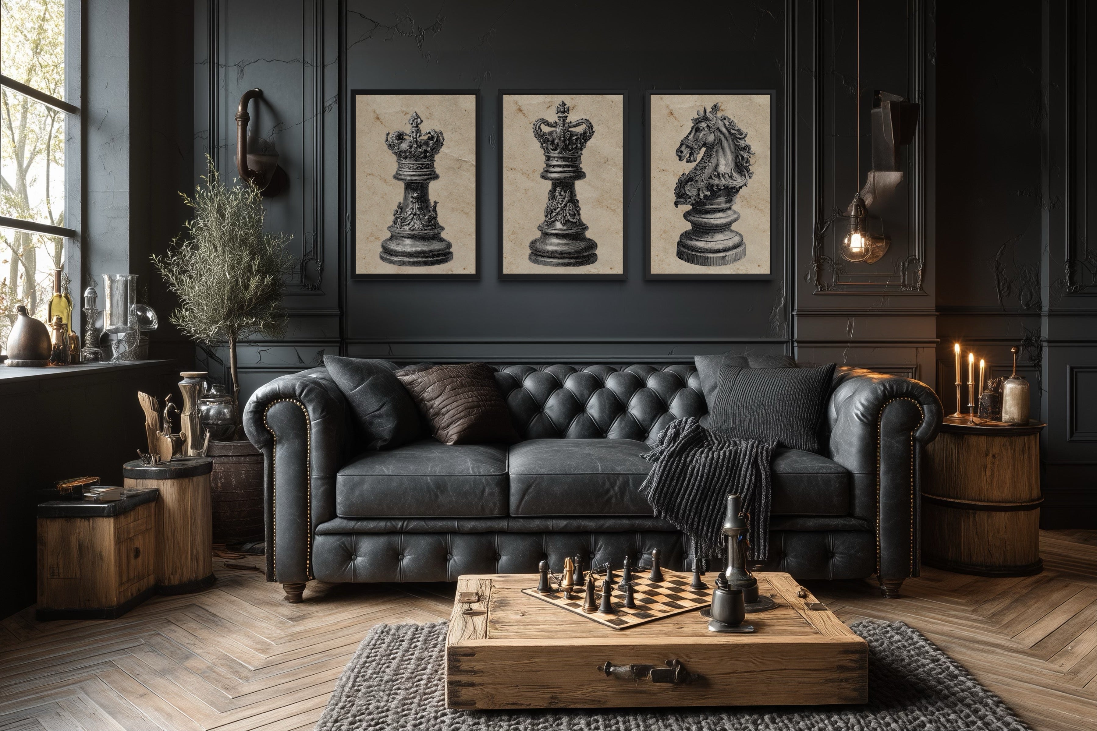 Chess Wall Art – Vintage Black White Canvas Set of 3 King Queen Knight Decor for Men