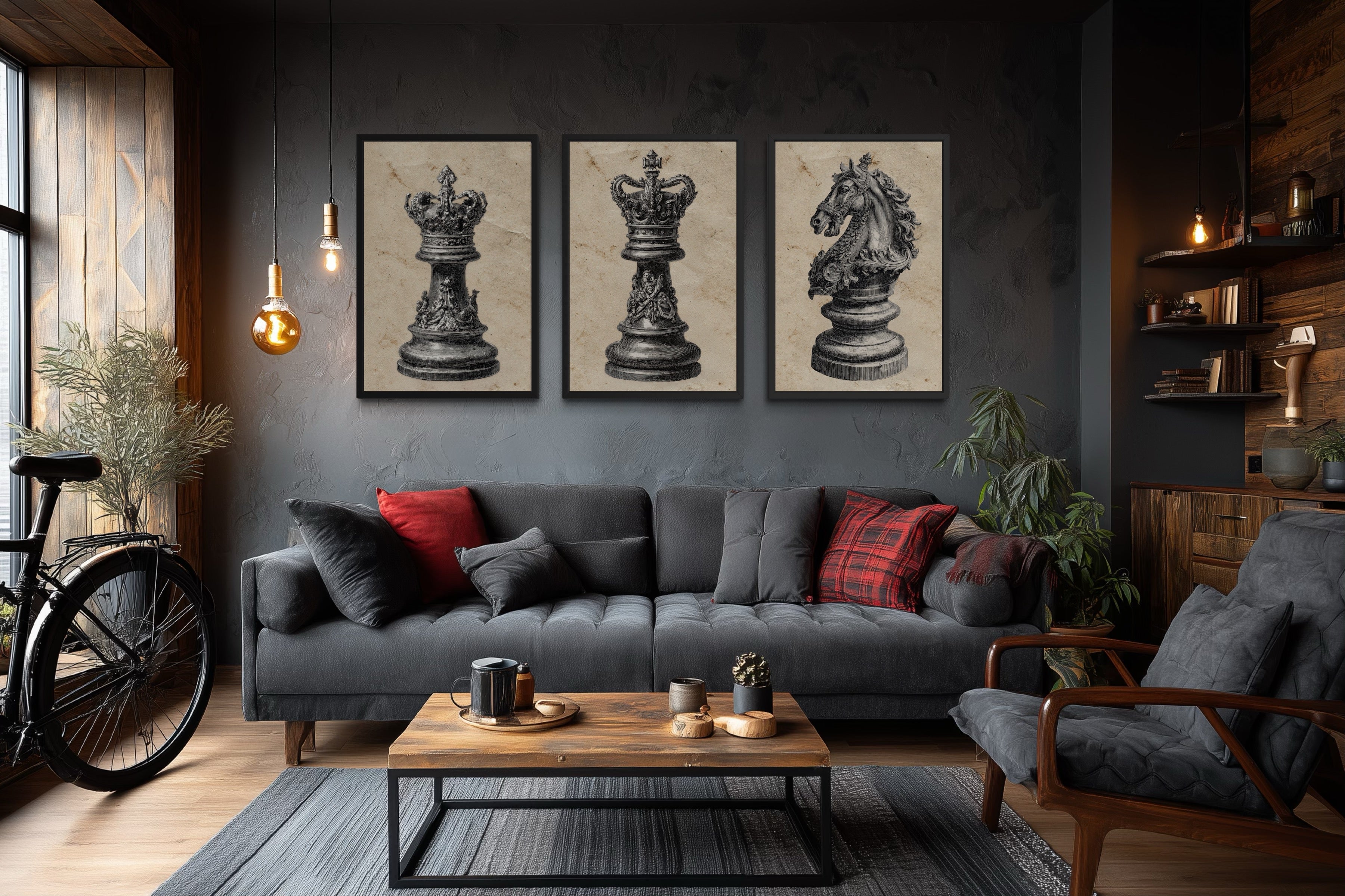 Chess Wall Art – Vintage Black White Canvas Set of 3 King Queen Knight Decor for Men