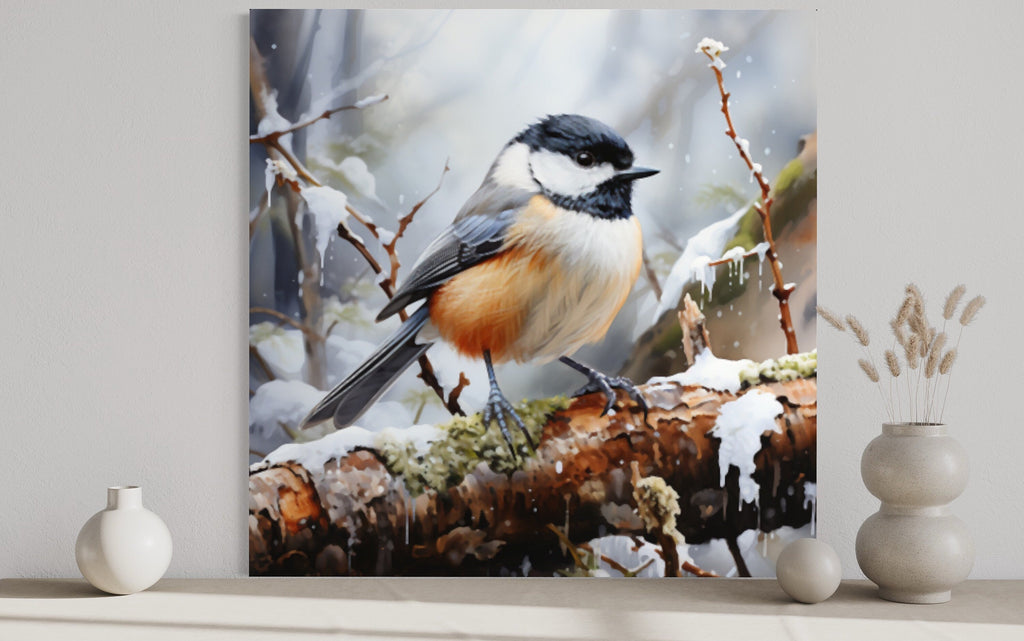 Chickadee In Snow Framed Canvas Wall Art