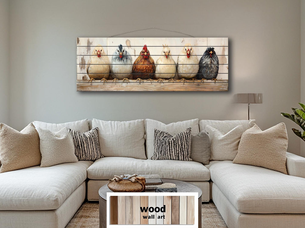 Chicken And Hens Lineup Real Wood Long Horizontal Wall Art For Farmhouse Kitchen Or Bedroom