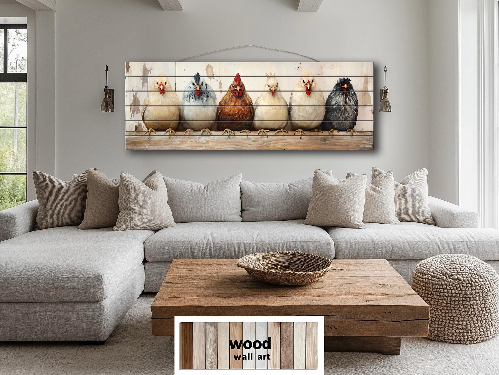 Chicken And Hens Lineup Real Wood Long Horizontal Wall Art For Farmhouse Kitchen Or Bedroom