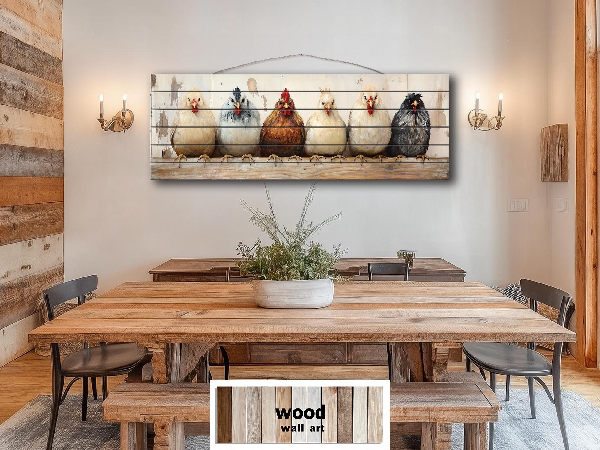 Chicken And Hens Lineup Real Wood Long Horizontal Wall Art For Farmhouse Kitchen Or Bedroom