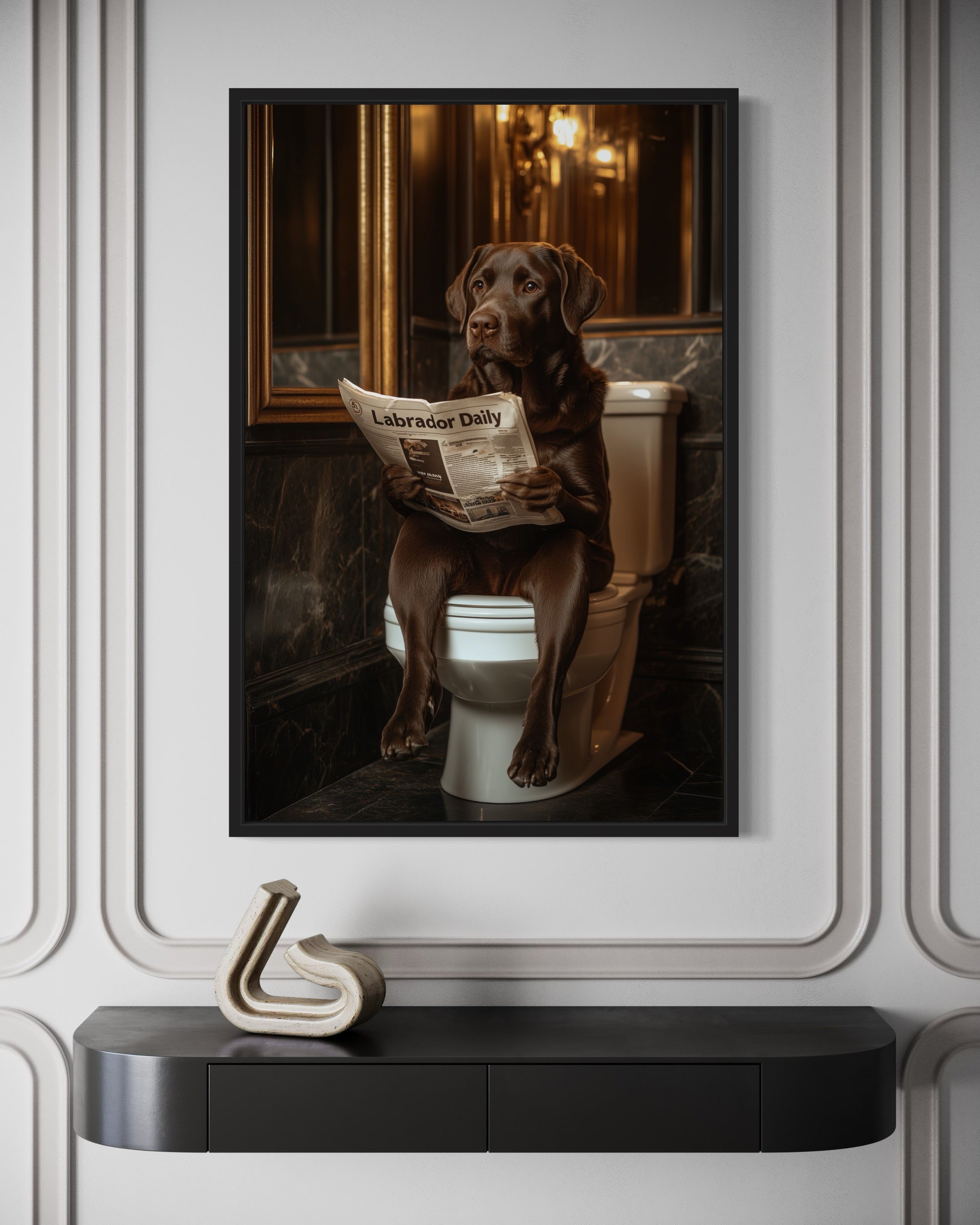 Chocolate Brown Labrador Retriever On Toilet Reading Newspaper Picture