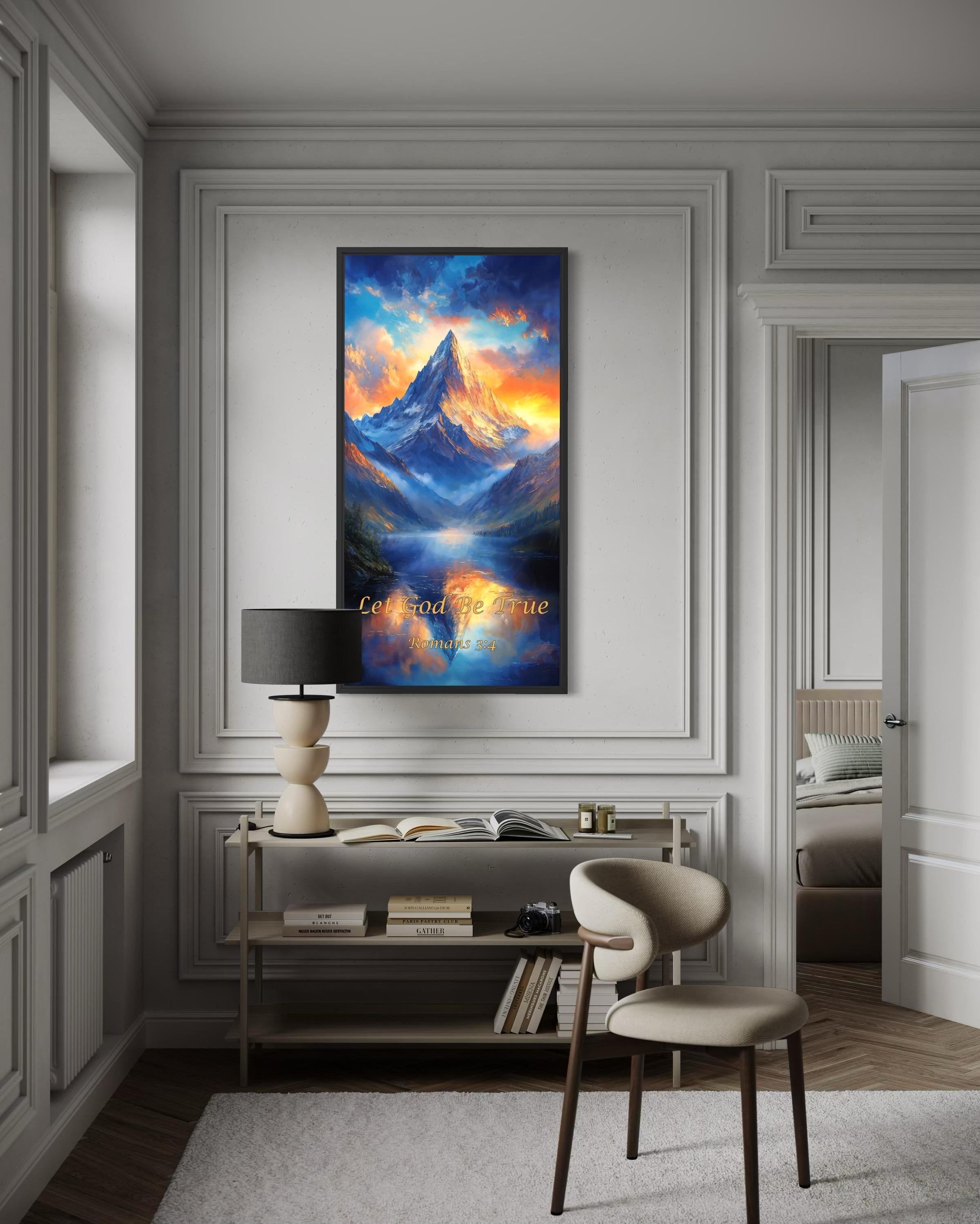 Christian Scripture Wall Art – Mountain Sunrise Painting | Let God Be True Canvas
