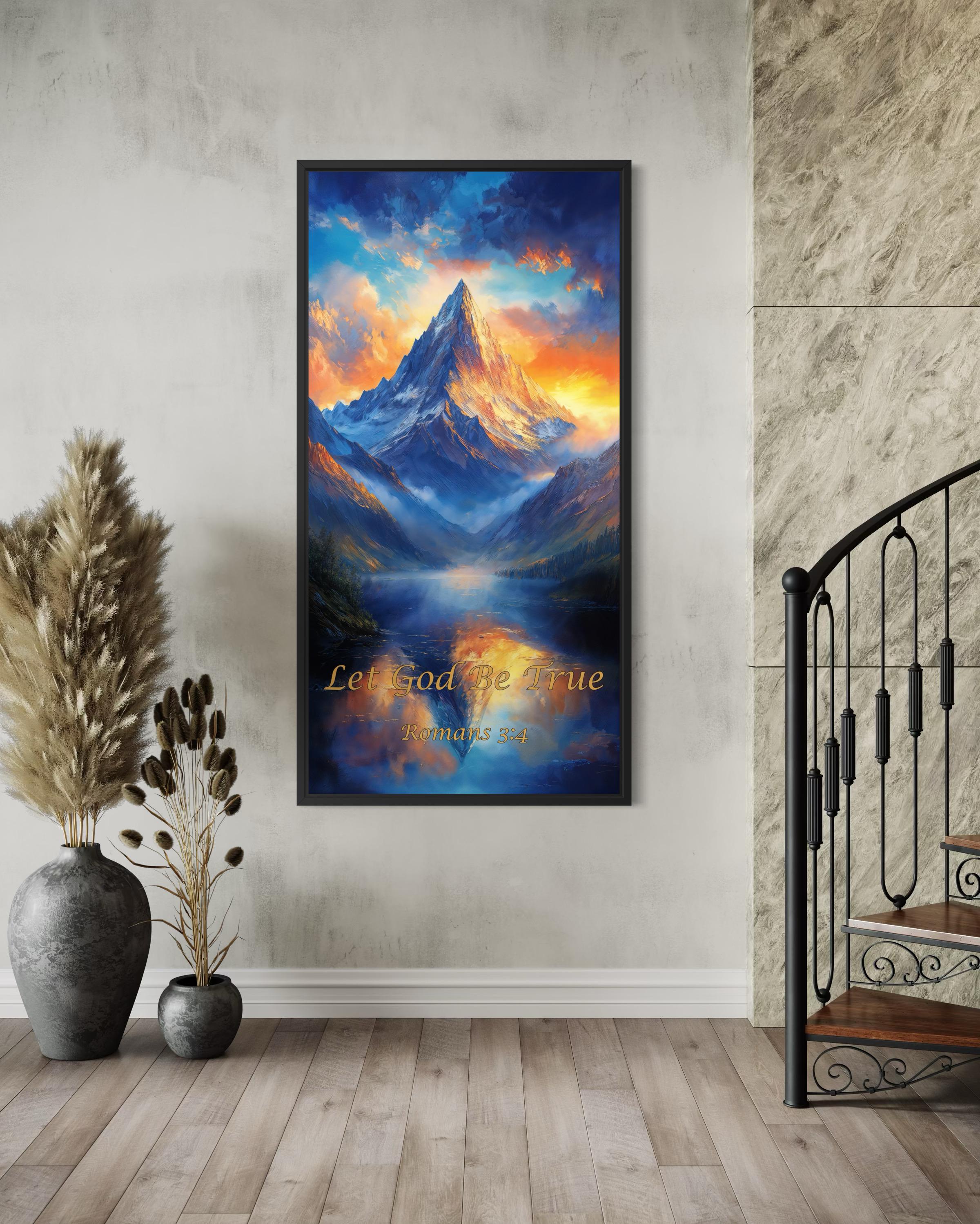 Christian Scripture Wall Art – Mountain Sunrise Painting | Let God Be True Canvas