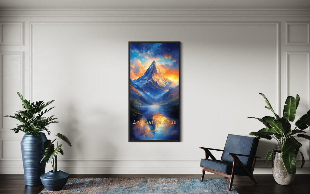 Christian Scripture Wall Art – Mountain Sunrise Painting | Let God Be True Canvas