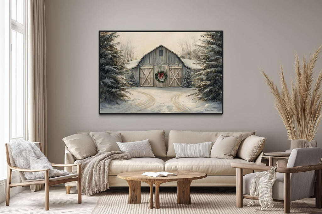 Christmas Barn In Snow Canvas Wall Art