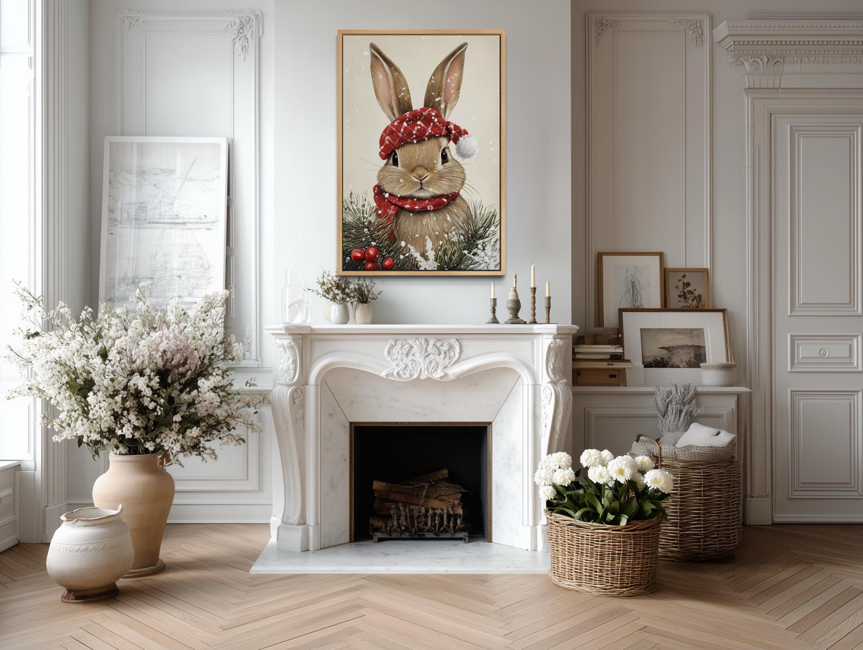 Christmas Bunny Wall Art – Red Scarf Rabbit Canvas with Snowy Pine Decoration
