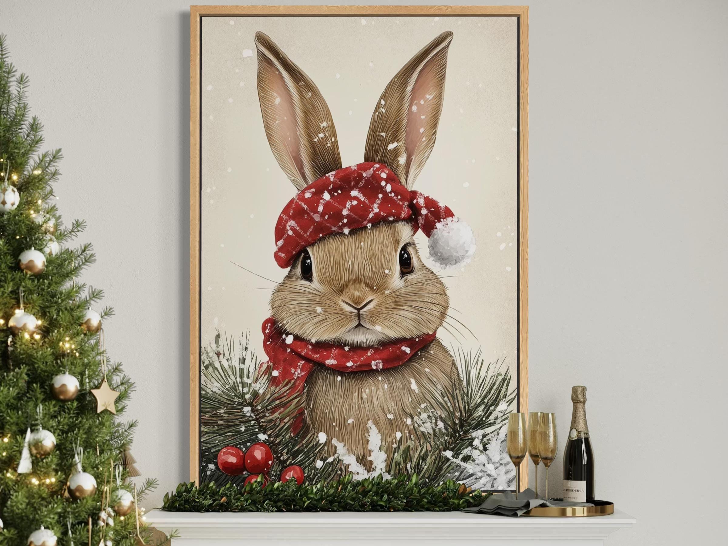 Christmas Bunny Wall Art – Red Scarf Rabbit Canvas with Snowy Pine Decoration