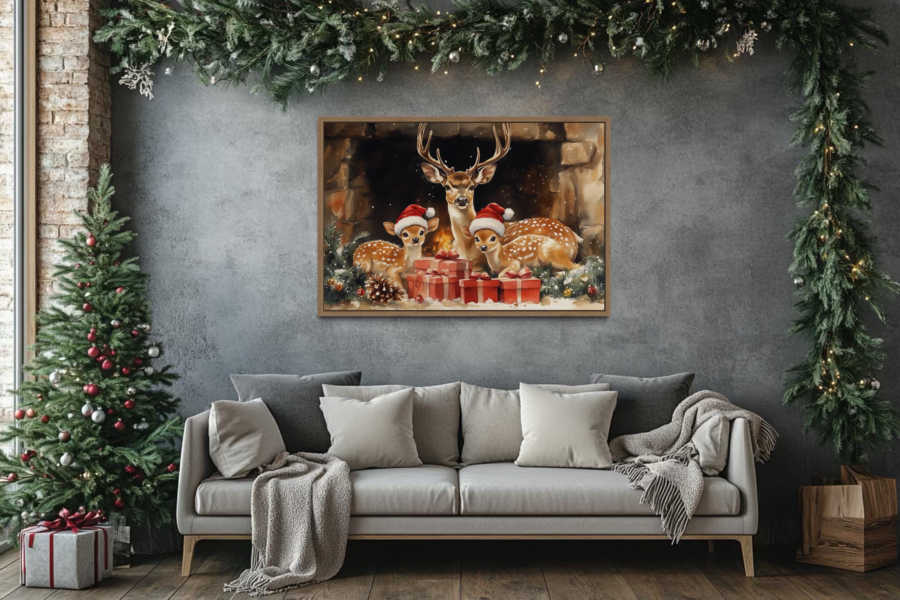 Christmas Deer With Santa Hats and Gifts Canvas Wall Art