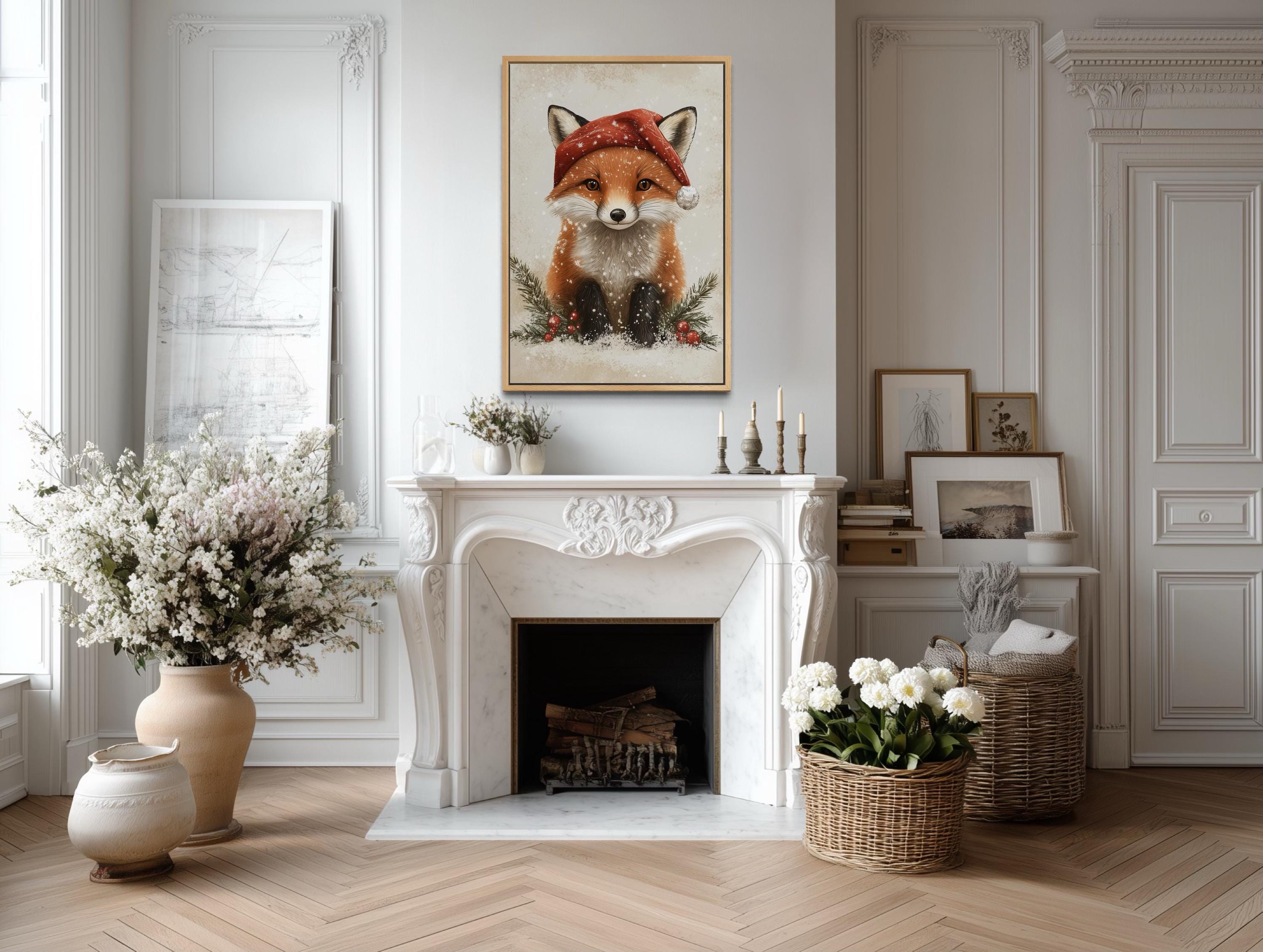 Christmas Fox Wall Art – Festive Canvas Print With Santa Hat | Rustic Nursery Decor