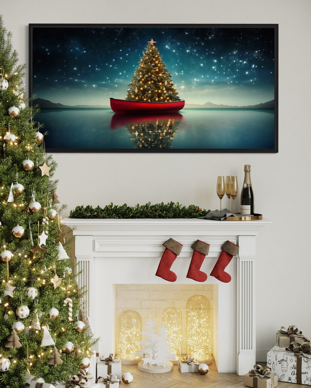 Christmas Tree Wall Art - Rustic Red Canoe Painting | Cozy Cabin Holiday Decor
