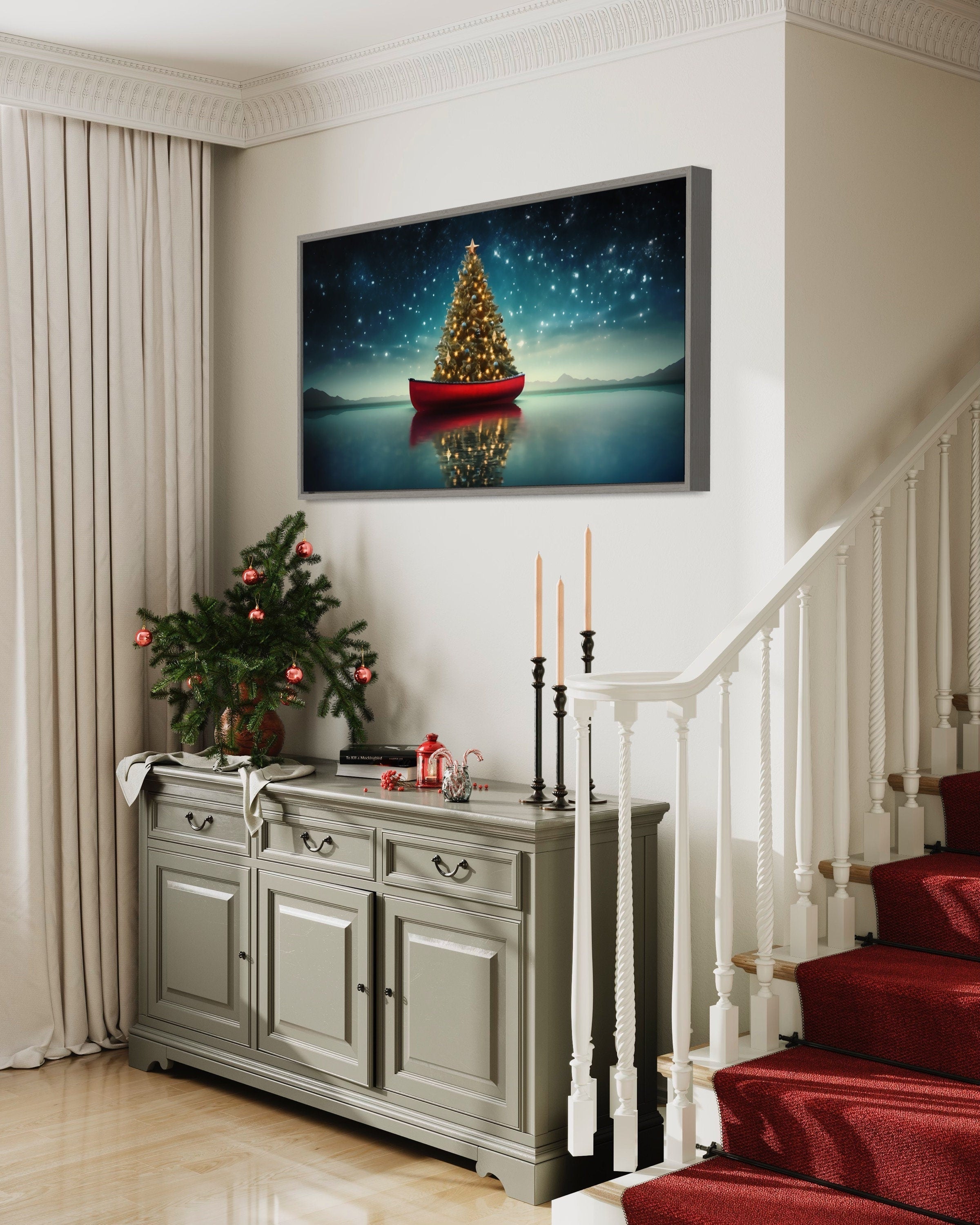 Christmas Tree Wall Art - Rustic Red Canoe Painting | Cozy Cabin Holiday Decor