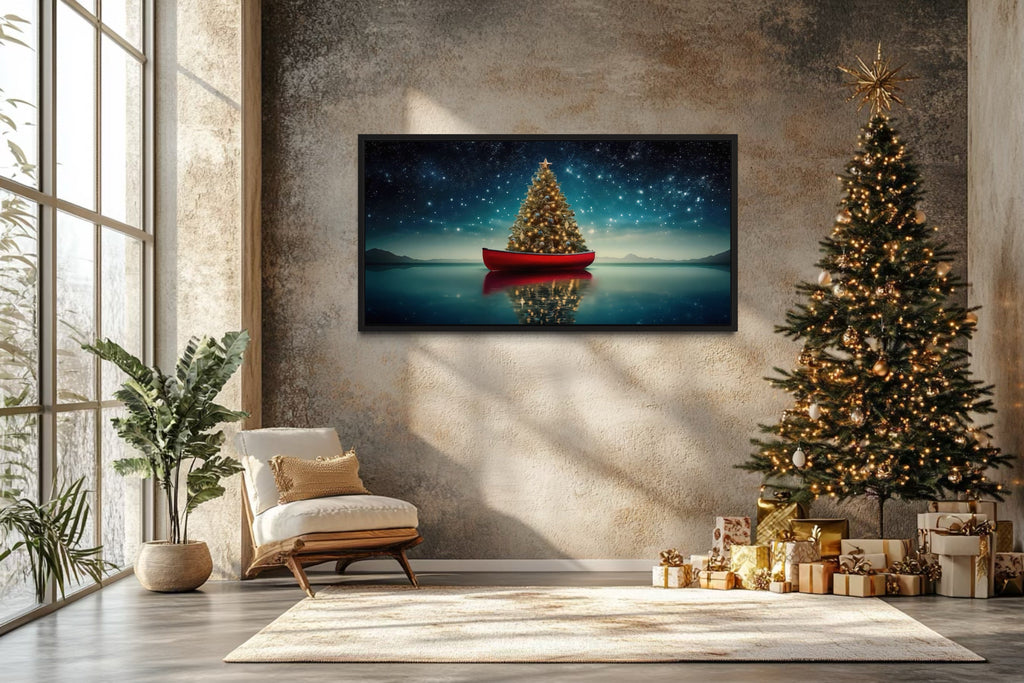 Christmas Tree Wall Art - Rustic Red Canoe Painting | Cozy Cabin Holiday Decor