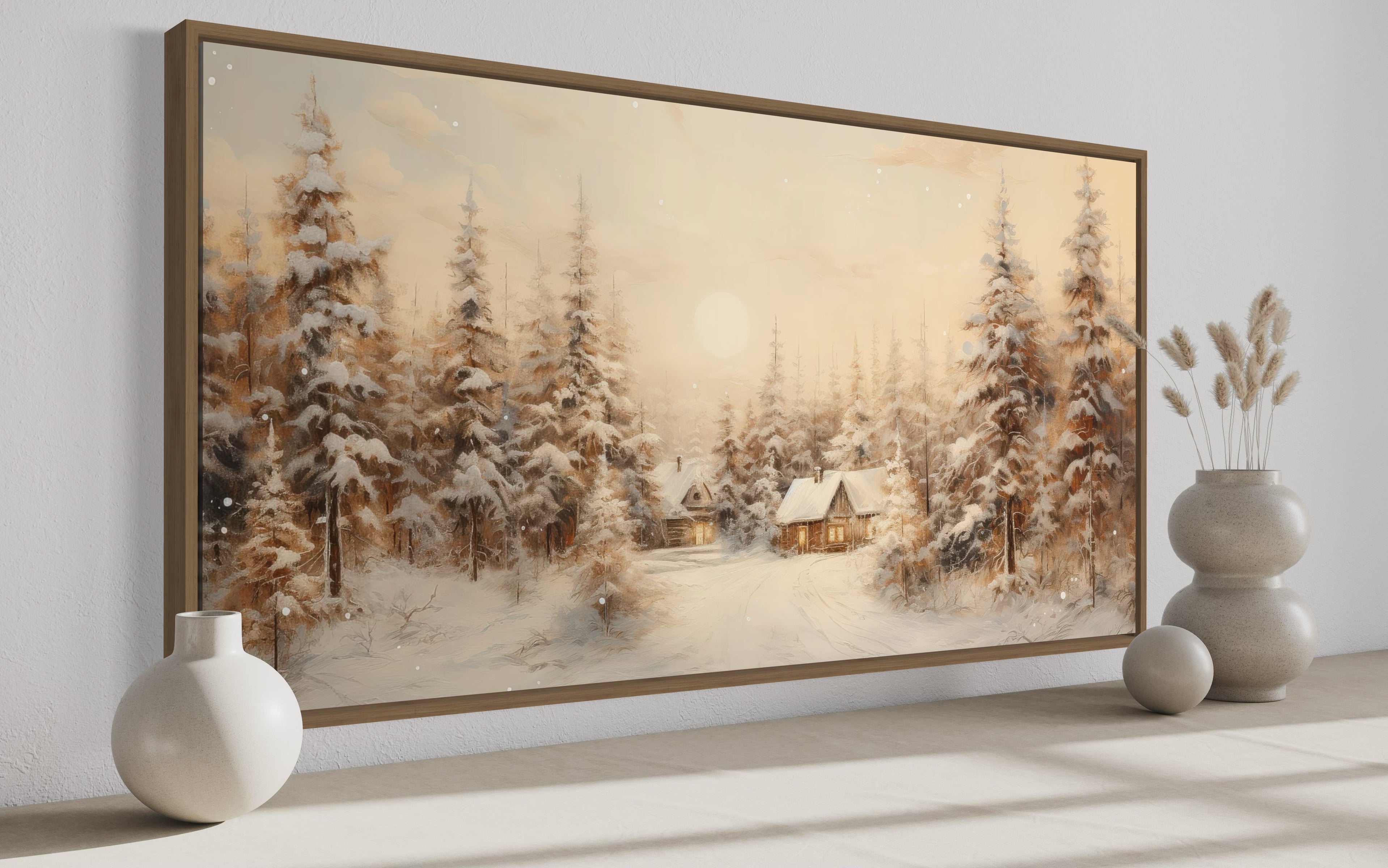 Christmas Village With Fir Trees Winter Framed Canvas Wall Art