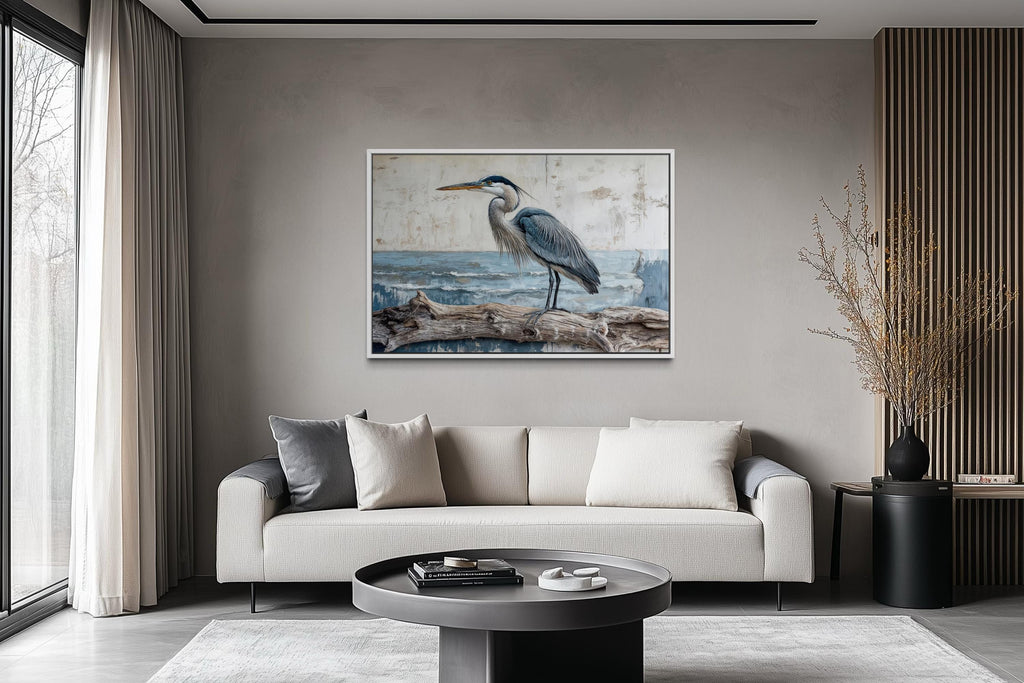 Coastal Heron On Driftwood Wall Art – Canvas Print | Serene Bird Artwork for Lake House Decor