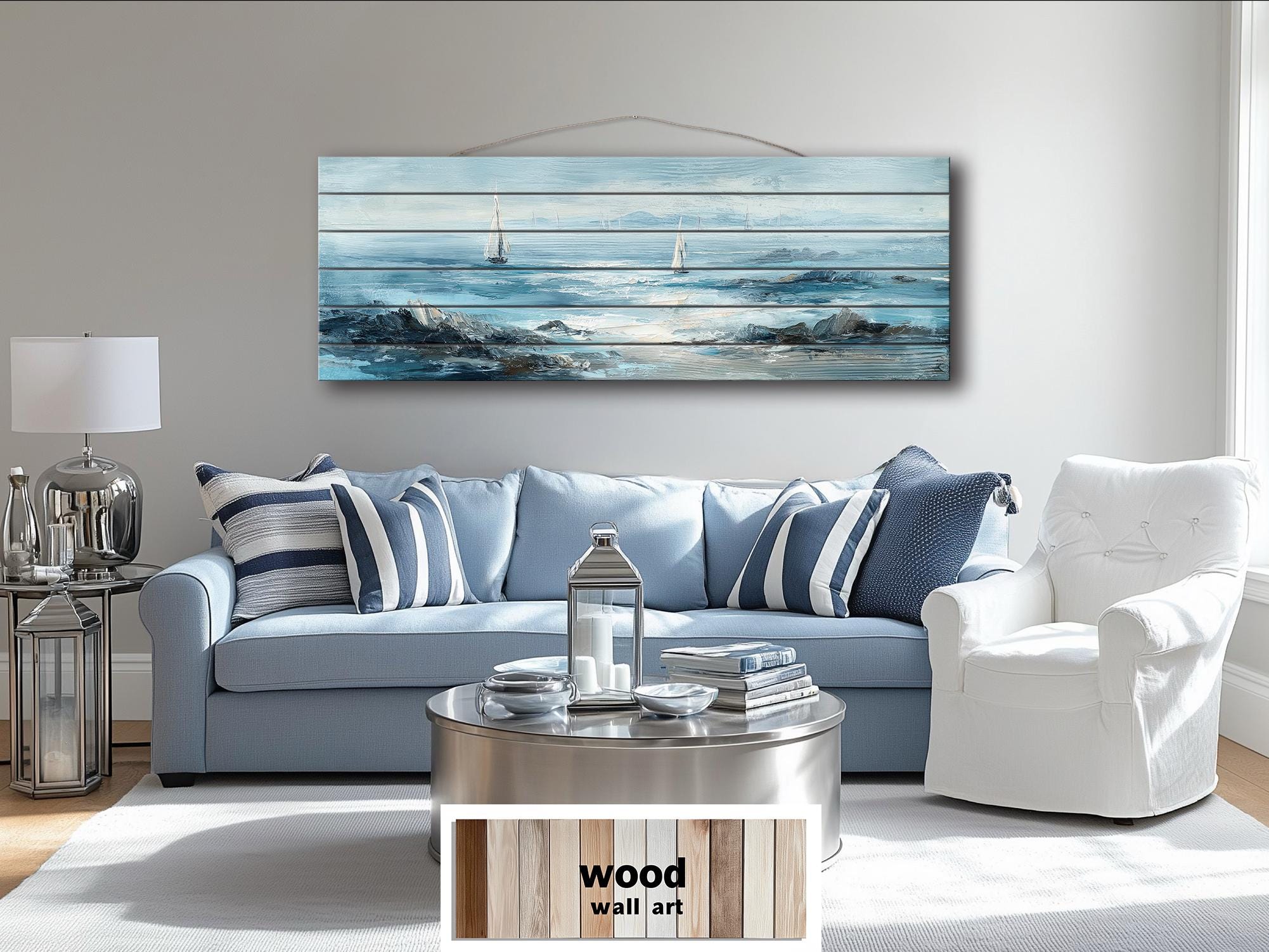 Coastal Sailing Boats Seascape Distressed Wood Wall Art