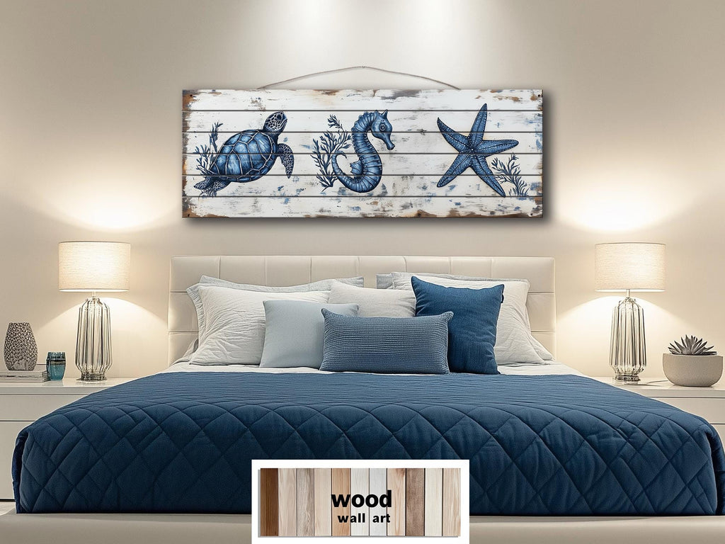 Coastal Sea Life  Long Horizontal Real Wood Wall Art - Turtle, Seahorse, Starfish