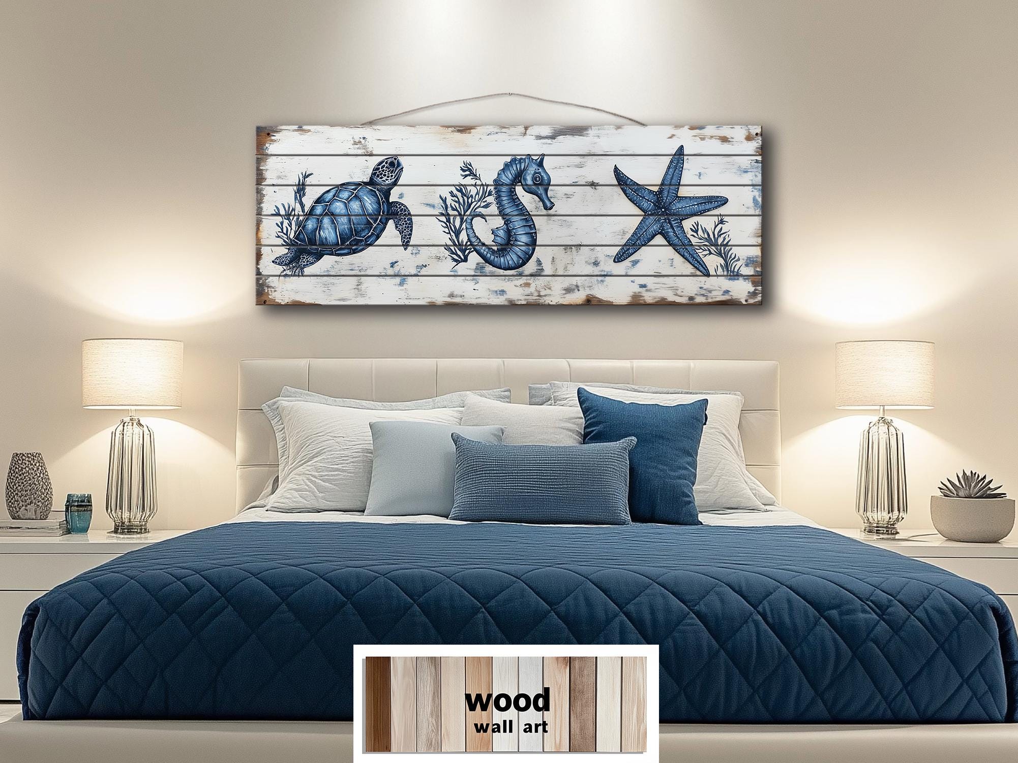 Coastal Sea Life  Long Horizontal Real Wood Wall Art - Turtle, Seahorse, Starfish