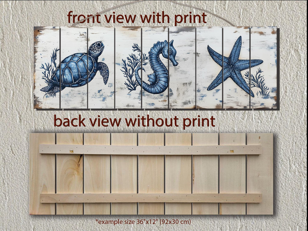 Coastal Sea Life  Long Horizontal Real Wood Wall Art - Turtle, Seahorse, Starfish