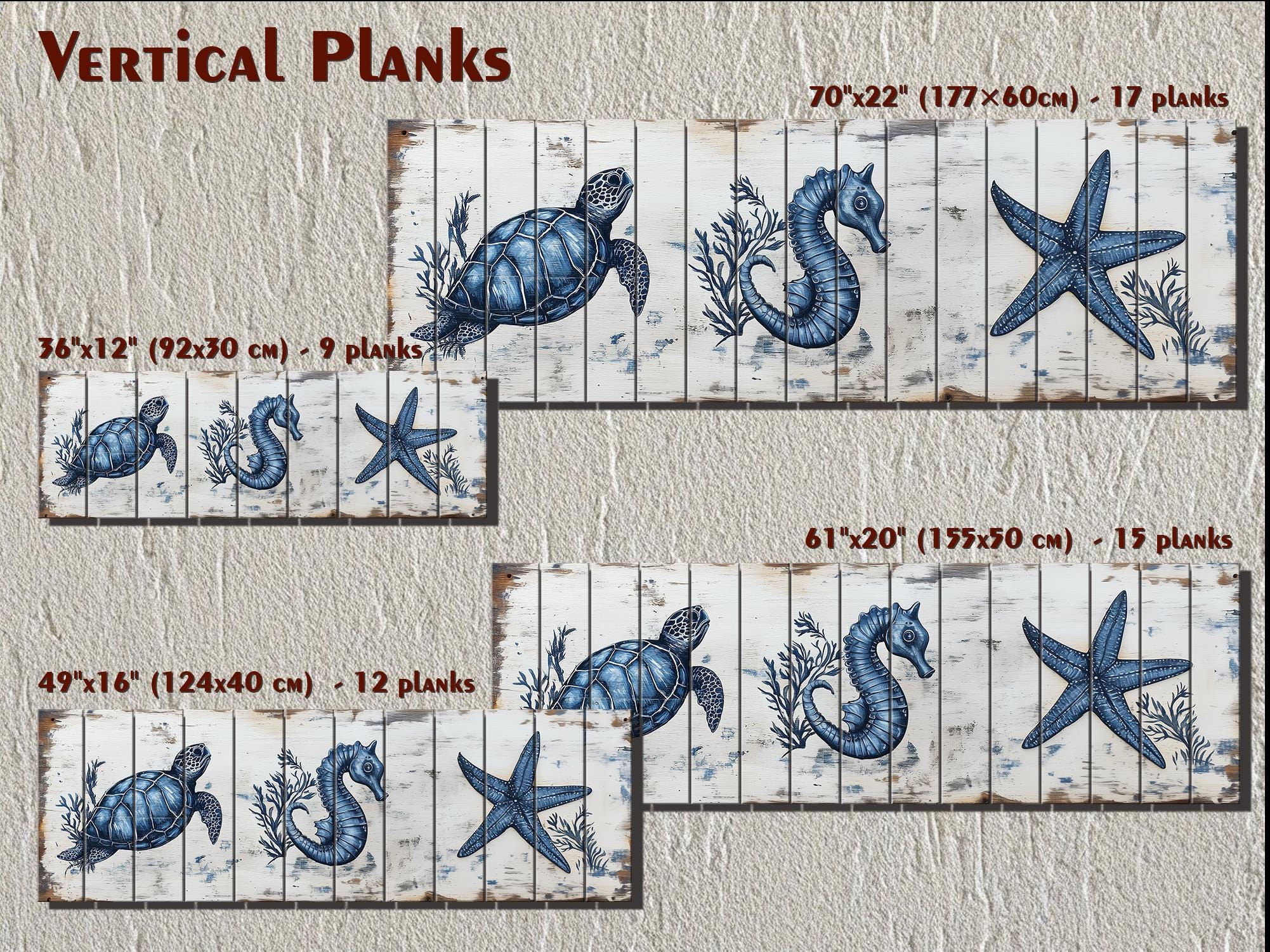 Coastal Sea Life  Long Horizontal Real Wood Wall Art - Turtle, Seahorse, Starfish