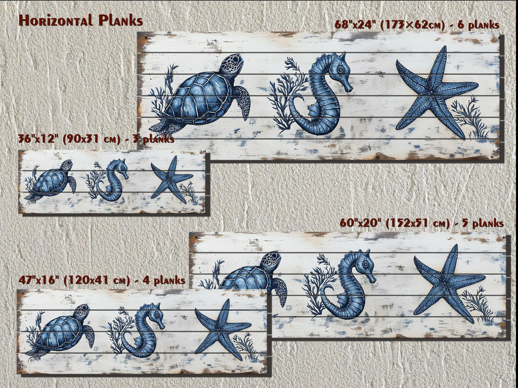Coastal Sea Life  Long Horizontal Real Wood Wall Art - Turtle, Seahorse, Starfish