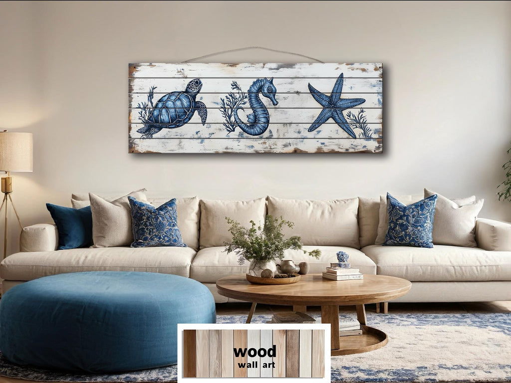 Coastal Sea Life  Long Horizontal Real Wood Wall Art - Turtle, Seahorse, Starfish