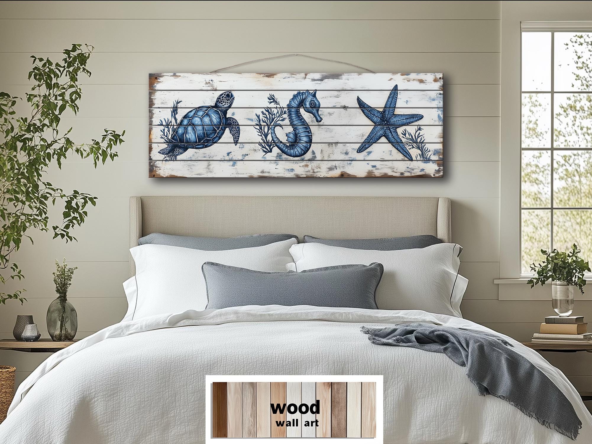 Coastal Sea Life  Long Horizontal Real Wood Wall Art - Turtle, Seahorse, Starfish