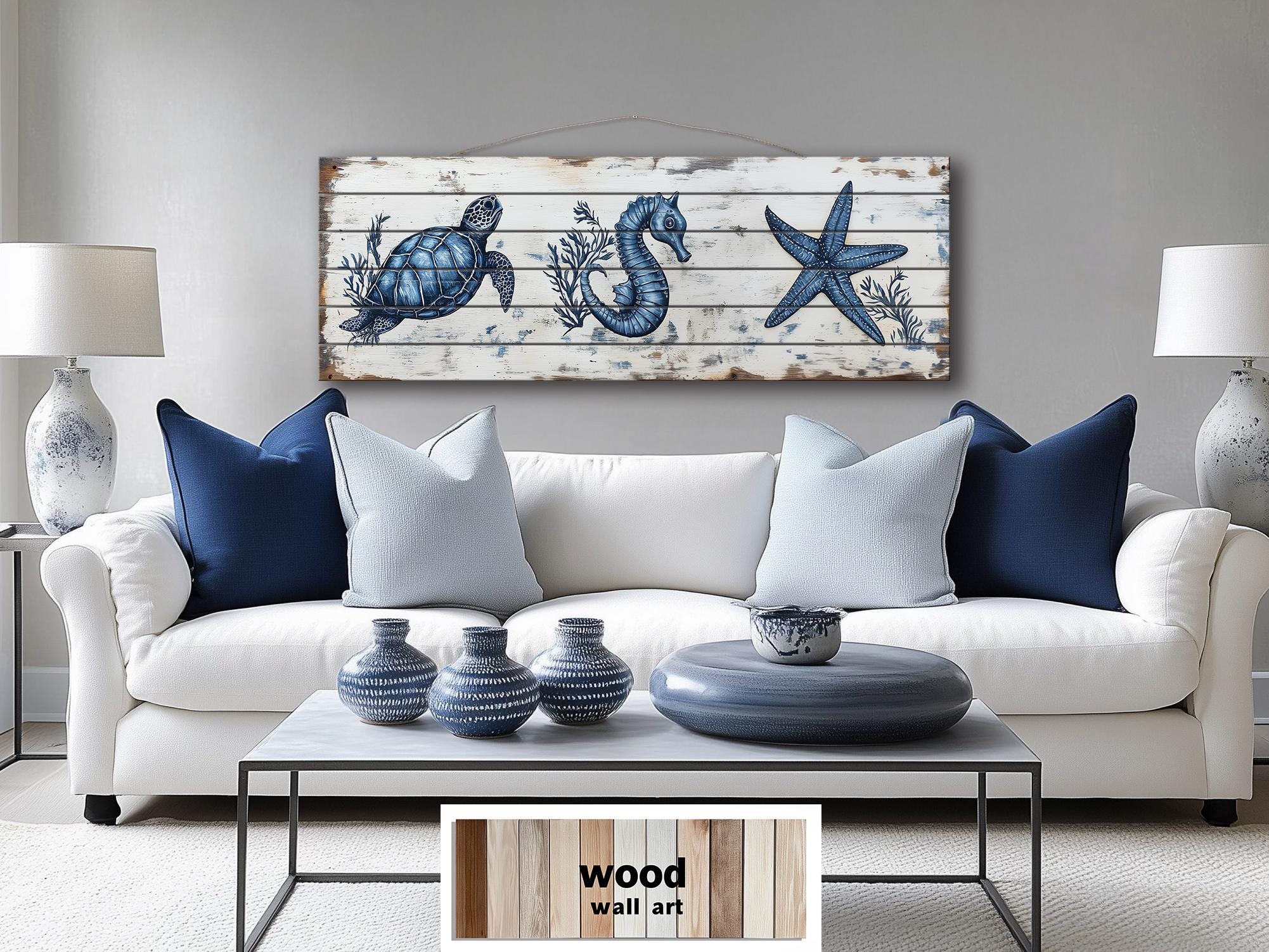 Coastal Sea Life  Long Horizontal Real Wood Wall Art - Turtle, Seahorse, Starfish