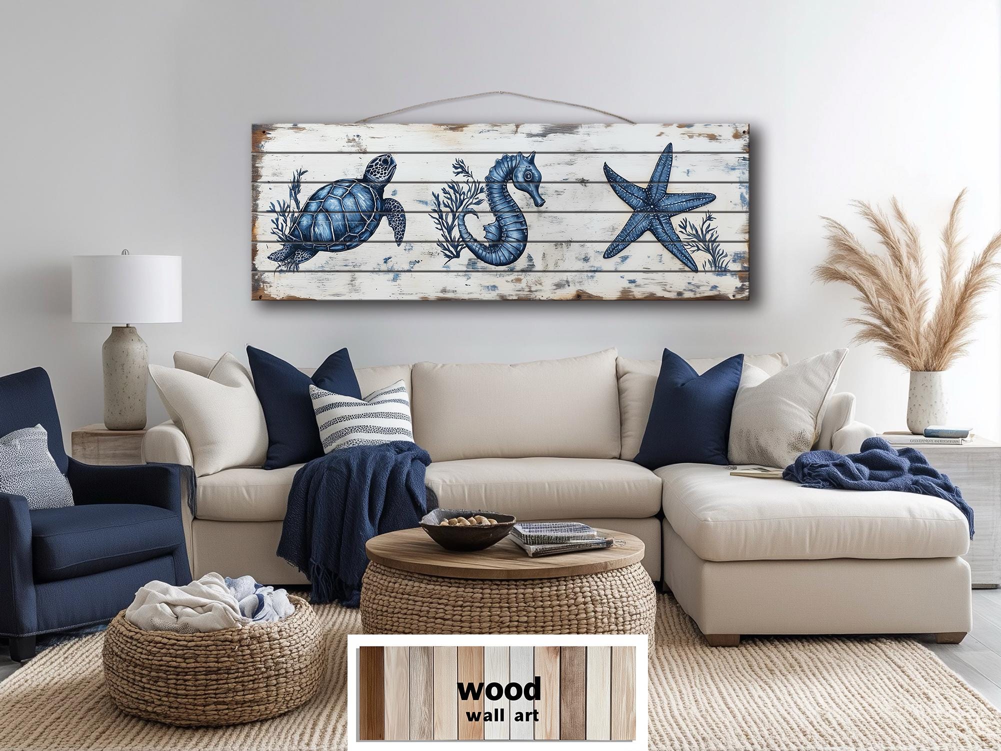 Coastal Sea Life  Long Horizontal Real Wood Wall Art - Turtle, Seahorse, Starfish