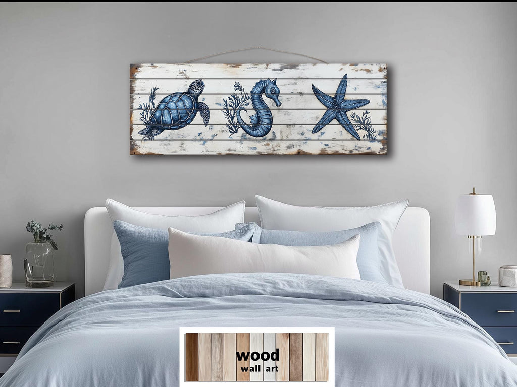 Coastal Sea Life  Long Horizontal Real Wood Wall Art - Turtle, Seahorse, Starfish