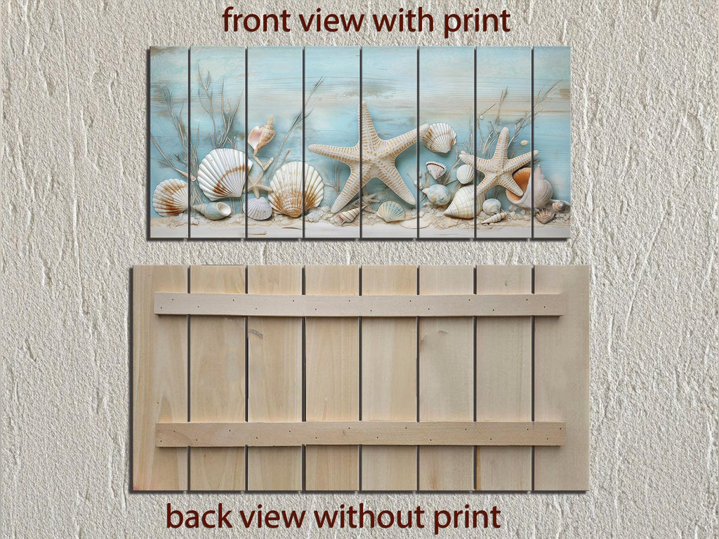 Coastal Sea Shells and Starfish Distressed Wood Wall Art