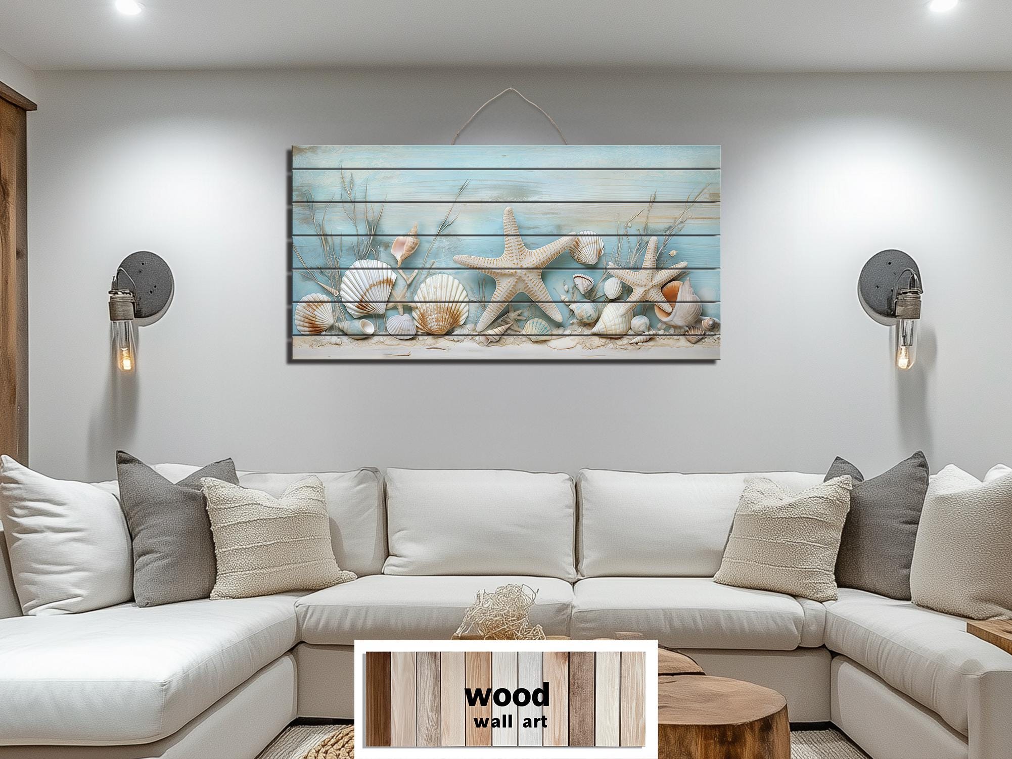 Coastal Sea Shells and Starfish Distressed Wood Wall Art