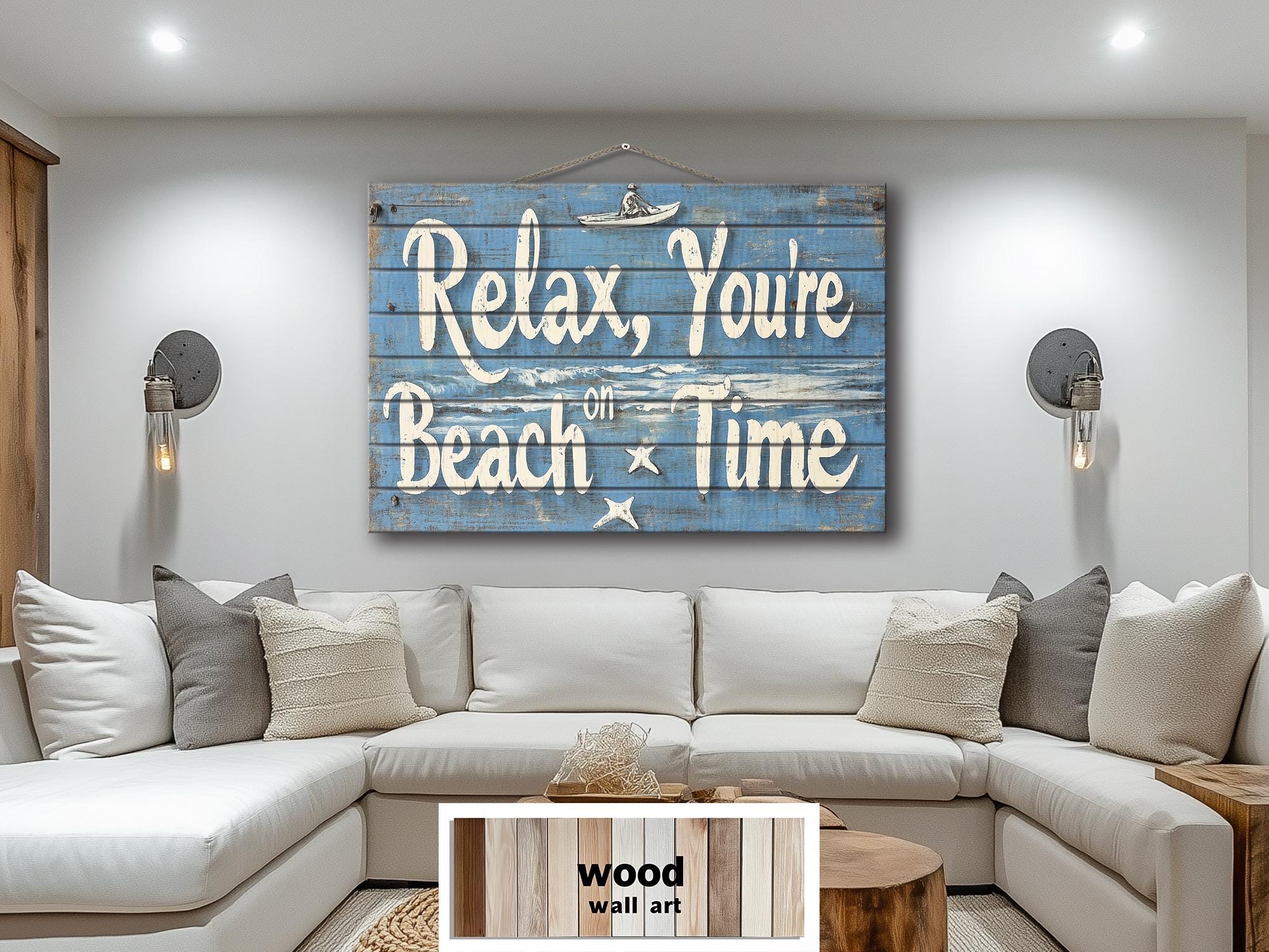 Coastal Wood Wall Art – Relax You’re On Beach Time Rustic Blue Wooden Sign
