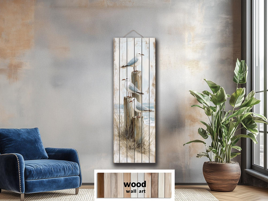 Coastal Wood Wall Art - Tall Narrow Seagulls Perched on Wooden Posts on Distressed Wood with Blue White Beach Print