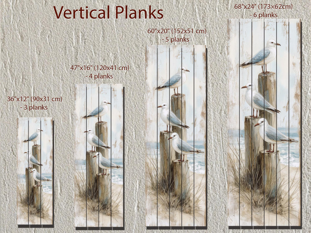 Coastal Wood Wall Art - Tall Narrow Seagulls Perched on Wooden Posts on Distressed Wood with Blue White Beach Print