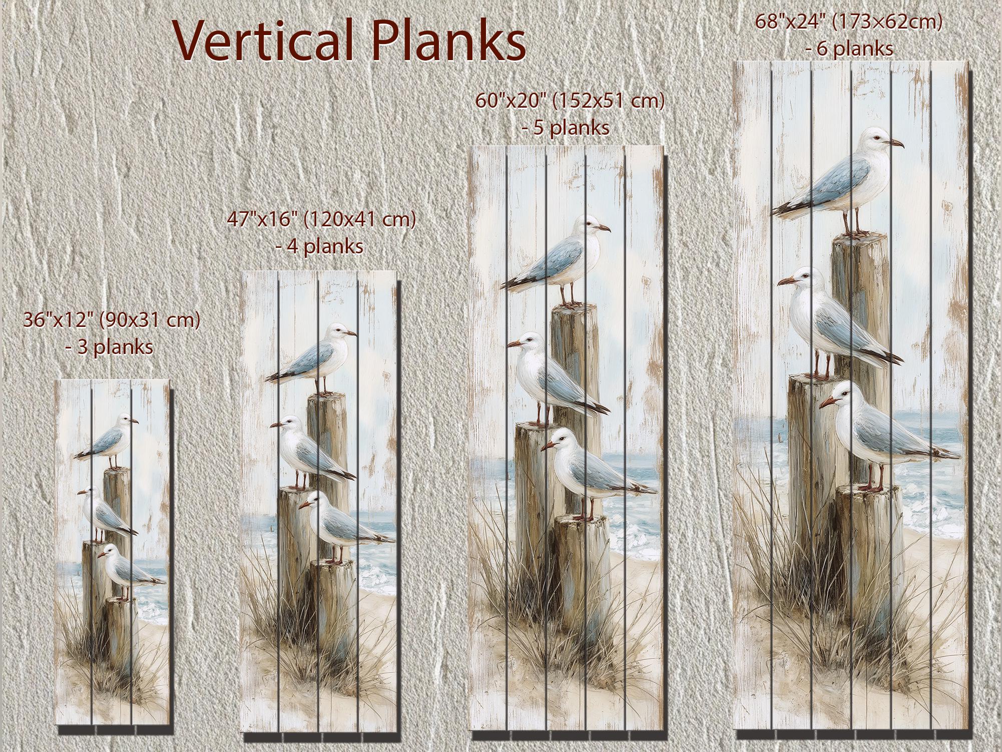 Coastal Wood Wall Art - Tall Narrow Seagulls Perched on Wooden Posts on Distressed Wood with Blue White Beach Print