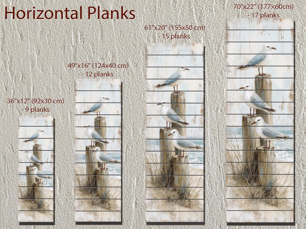 Coastal Wood Wall Art - Tall Narrow Seagulls Perched on Wooden Posts on Distressed Wood with Blue White Beach Print